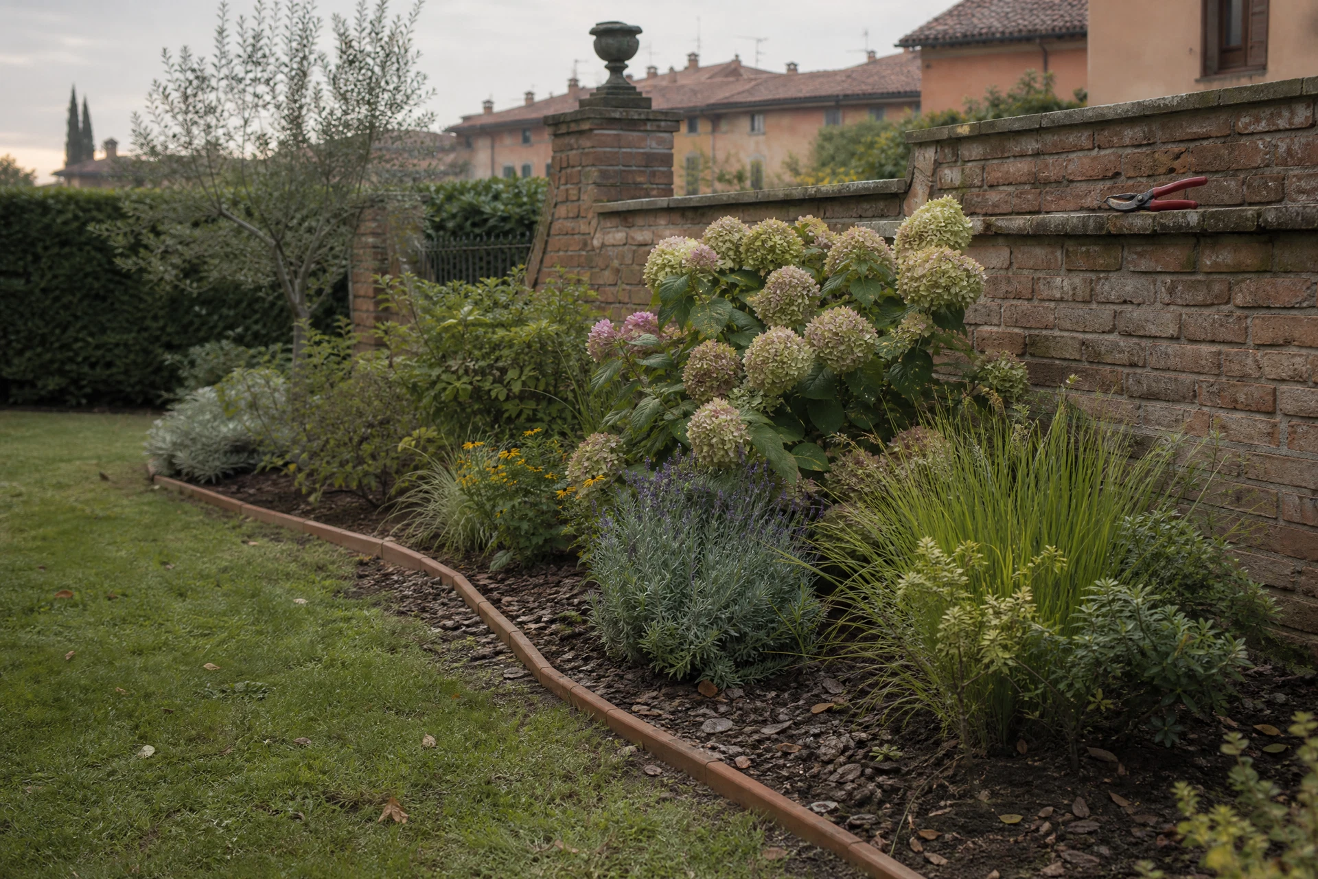 Aiuola con ortensie, lavanda e pacciamatura in un giardino emiliano